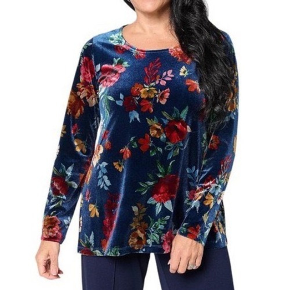 Susan Graver Boho Floral Velvet Tunic Top S Blue Cottagecore Feminine Romantic